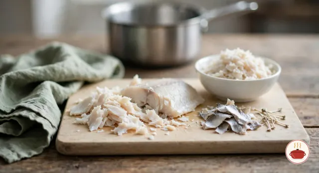 A boiled, desalted salt fish fillet on a wooden board, partly pulled into soft off-white flakes, with its grey skin and fine bones set aside and a white bowl of flakes beside it, a steel saucepan behind