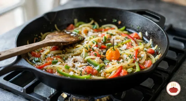Soft onion, scallions, red and green pepper strips, diced tomato, thyme and flakes of salt fish in a black cast-iron skillet on a gas stove, a whole orange Scotch bonnet in the middle and a wooden spatula in the pan
