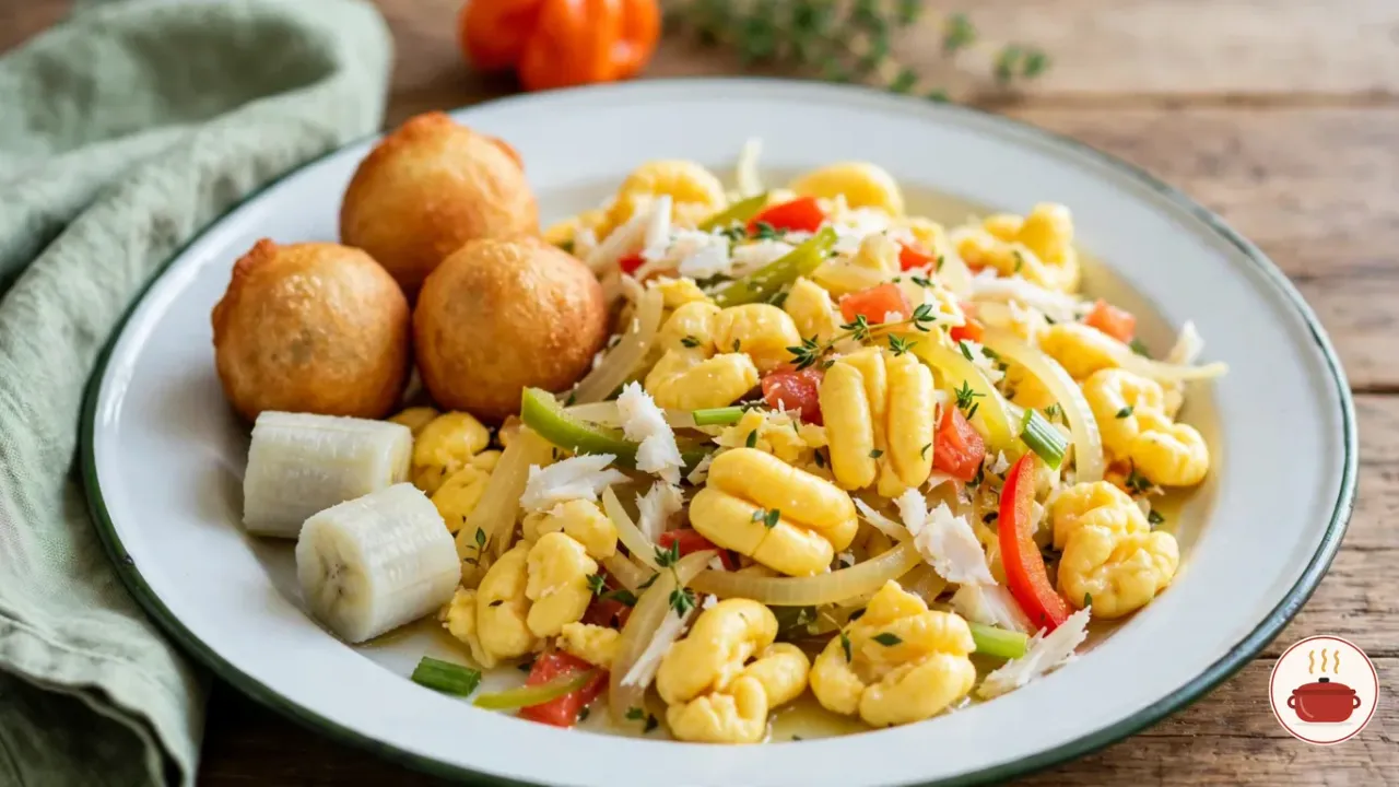 Ackee and saltfish on a white enamel plate with a dark green rim: soft yellow ackee lobes with flakes of salt fish, onion, scallion, red and green pepper, tomato and thyme, three fried dumplings and two pieces of boiled green banana, a whole Scotch bonnet behind