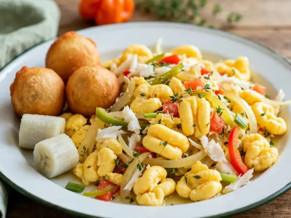 Ackee and saltfish on a white enamel plate with a dark green rim: soft yellow ackee lobes with flakes of salt fish, onion, scallion, red and green pepper, tomato and thyme, three fried dumplings and two pieces of boiled green banana, a whole Scotch bonnet behind