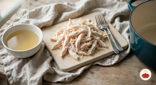 Poached chicken pulled into thin, pale shreds on a wooden cutting board, with two forks resting beside it, a bowl of strained golden broth on the left and the empty deep teal enameled Dutch oven on the right