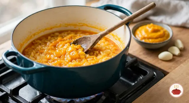 Soft chopped onions cooking in a thick, glossy orange-yellow ají amarillo paste in a deep teal enameled Dutch oven on a gas burner, with orange oil showing at the edges, a wooden spoon in the pot, and a bowl of paste and peeled garlic cloves beside the stove