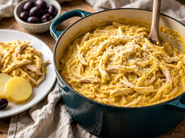 Ají de gallina in a deep teal enameled Dutch oven: shredded chicken in a thick golden-yellow sauce under grated Parmesan, with a wooden spoon standing in it, beside a plate of white rice, the chicken, sliced boiled potatoes, half a hard-boiled egg and a black olive, and a bowl of olives behind