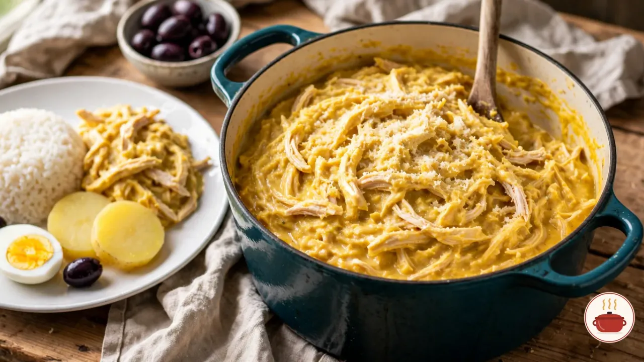 Ají de gallina in a deep teal enameled Dutch oven: shredded chicken in a thick golden-yellow sauce under grated Parmesan, with a wooden spoon standing in it, beside a plate of white rice, the chicken, sliced boiled potatoes, half a hard-boiled egg and a black olive, and a bowl of olives behind