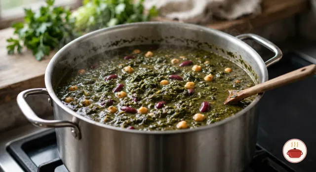 A heavy stainless-steel pot on a gas burner, uncovered, full of thick, dark green simmering ash: wilted chopped herbs and spinach with chickpeas and kidney beans, a wooden spoon resting against the rim