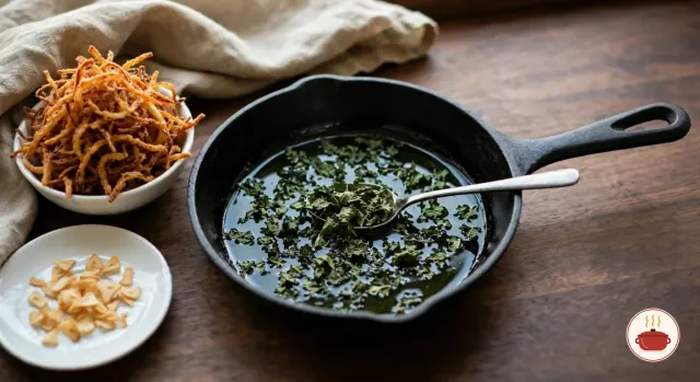 A black frying pan of dark green oil with fried dried mint, beside a small white bowl heaped with crisp, deep golden fried onions and a saucer of pale gold fried garlic slices