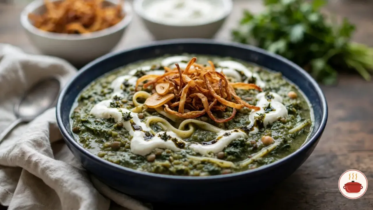 Ash reshteh in a wide indigo-blue ceramic bowl: a thick, dark olive-green soup of cooked herbs and spinach with chickpeas, lentils and soft flat noodles, topped with swirls of white kashk, a heap of crispy fried onions, slices of fried garlic and lines of dark mint oil, with small bowls of fried onions and kashk and a bunch of fresh herbs behind