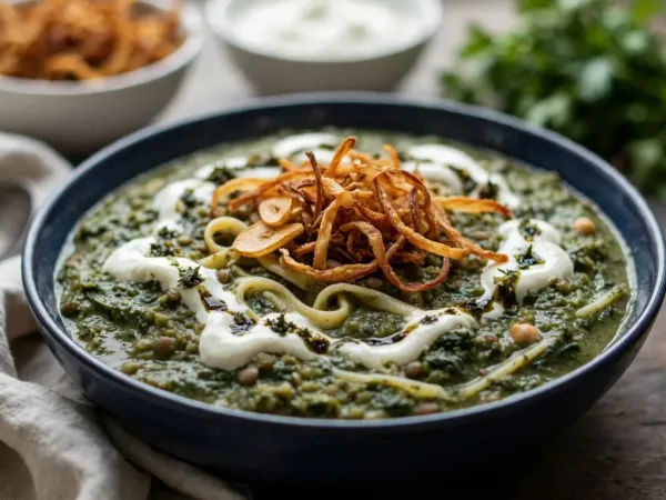 Ash reshteh in a wide indigo-blue ceramic bowl: a thick, dark olive-green soup of cooked herbs and spinach with chickpeas, lentils and soft flat noodles, topped with swirls of white kashk, a heap of crispy fried onions, slices of fried garlic and lines of dark mint oil, with small bowls of fried onions and kashk and a bunch of fresh herbs behind