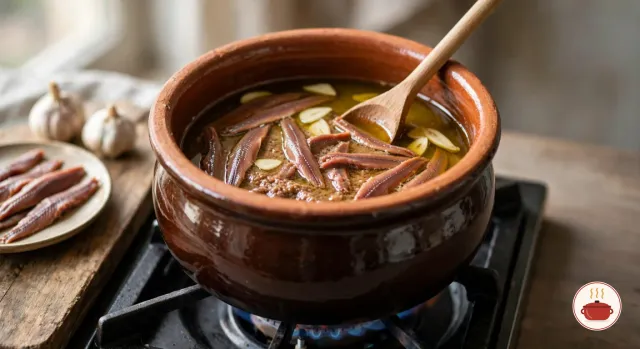 Salted anchovy fillets melting into golden olive oil with thin slices of garlic in a glazed brown terracotta pot on a gas burner, a wooden spoon in the sauce, with more fillets on a plate and two heads of garlic beside the stove