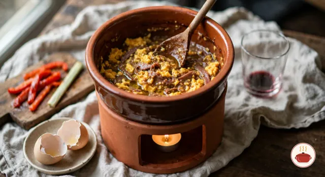 Eggs scrambled into the last of the bagna cauda in a glazed terracotta pot over a tea light, firm golden curds streaked with brown anchovy sauce, a wooden spoon in the pot, with broken eggshells, leftover pepper strips and a glass with a trace of red wine beside it
