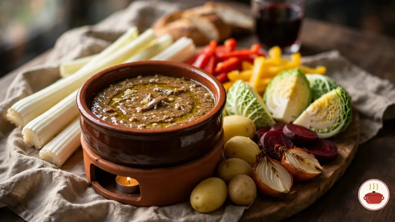 Bagna cauda in a glazed brown terracotta pot on a terracotta stand over a lit tea light, golden olive oil over a thick, grainy brown sauce of melted anchovy and garlic, beside pale cardoon sticks, strips of red and yellow pepper, Savoy cabbage wedges, small boiled potatoes, sliced beets and halved roast onions, with bread and a glass of red wine behind