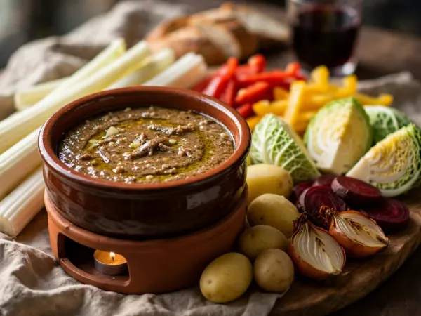 Bagna cauda in a glazed brown terracotta pot on a terracotta stand over a lit tea light, golden olive oil over a thick, grainy brown sauce of melted anchovy and garlic, beside pale cardoon sticks, strips of red and yellow pepper, Savoy cabbage wedges, small boiled potatoes, sliced beets and halved roast onions, with bread and a glass of red wine behind