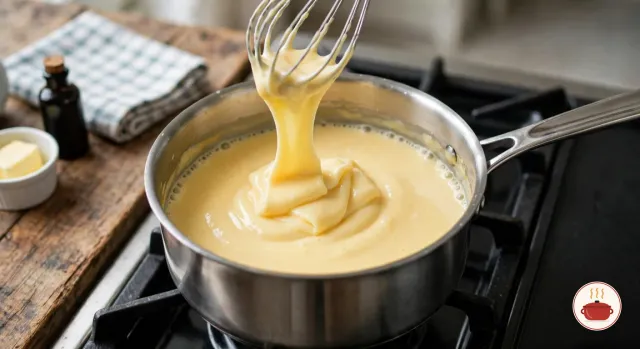 Thick, glossy pale yellow vanilla custard in a stainless-steel saucepan on a gas burner, a balloon whisk lifted out of it with a ribbon of custard folding onto the surface, a few bubbles at the edge, and butter and vanilla on the counter beside it