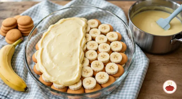 Assembling banana pudding in a deep oval glass baking dish: a single layer of round golden vanilla wafers covered with banana slices, the left half already spread with thick pale yellow custard, with a saucepan of custard and a spatula, a stack of vanilla wafers and a banana beside the dish