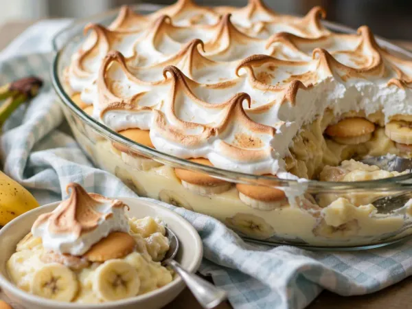 Southern banana pudding in a deep oval glass baking dish on a blue-and-white checked cloth: layers of pale yellow vanilla custard, vanilla wafers and banana slices showing through the glass under a tall meringue toasted golden at the peaks, one end scooped out, with a serving in a cream bowl, two ripe bananas and a few plain vanilla wafers beside it