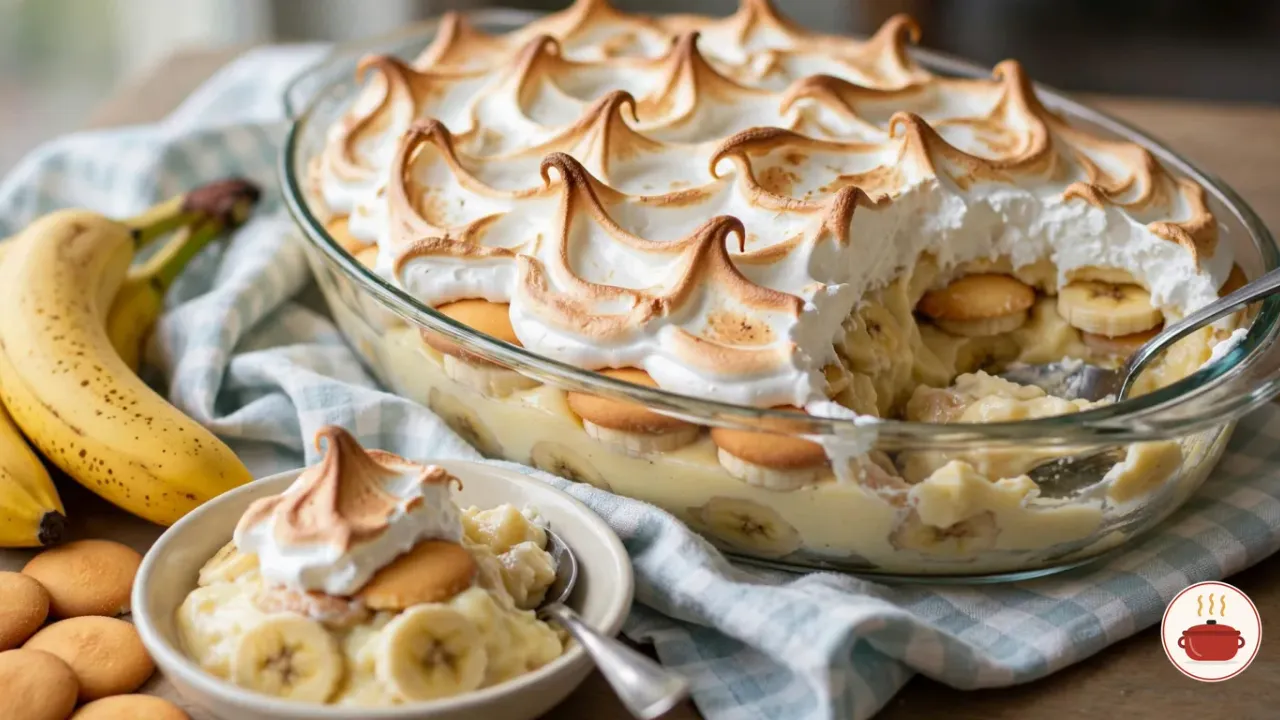 Southern banana pudding in a deep oval glass baking dish on a blue-and-white checked cloth: layers of pale yellow vanilla custard, vanilla wafers and banana slices showing through the glass under a tall meringue toasted golden at the peaks, one end scooped out, with a serving in a cream bowl, two ripe bananas and a few plain vanilla wafers beside it