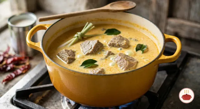 Chunks of beef in a thin, pale orange coconut milk sauce coming to a boil in a mustard-yellow enameled Dutch oven on a gas burner, with a knotted lemongrass stalk and makrut lime leaves floating on top and a wooden spoon across the rim