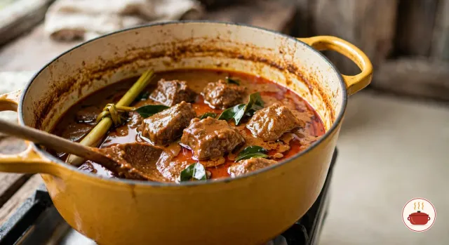 Tender chunks of beef in a thick caramel-brown coconut sauce with reddish oil pooling at the edges, in a mustard-yellow enameled Dutch oven on a gas burner, a dark ring on the pot wall showing how far the sauce has reduced