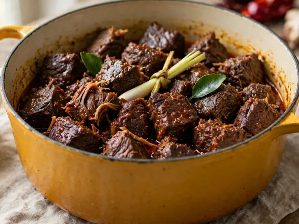 Beef rendang in a mustard-yellow enameled Dutch oven: dark, glossy chunks of slow-cooked beef coated in a thick brown coconut and chile paste, with a knotted lemongrass stalk and makrut lime leaves on top and a bowl of steamed white rice beside the pot