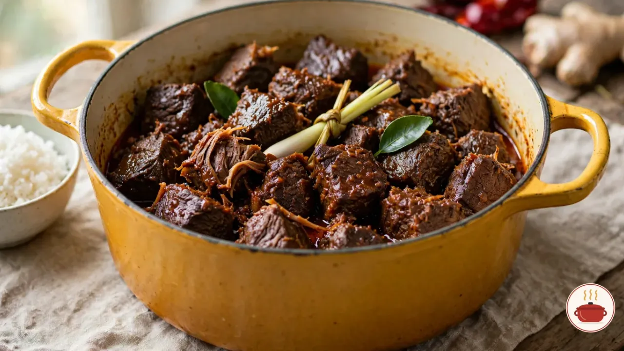 Beef rendang in a mustard-yellow enameled Dutch oven: dark, glossy chunks of slow-cooked beef coated in a thick brown coconut and chile paste, with a knotted lemongrass stalk and makrut lime leaves on top and a bowl of steamed white rice beside the pot