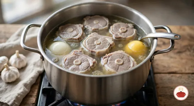 Pieces of bone-in lamb neck simmering gently in a clear, pale golden broth in a stainless-steel stockpot on a gas burner, a whole peeled onion and a whole lemon floating among them, a ladle resting on the rim