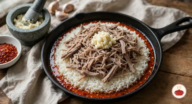 A small black cast-iron skillet holding white rice covered with strands of pulled lamb, red pepper flakes in a little orange fat and a spoonful of pounded garlic on top, before any broth is added, beside a stone mortar of garlic paste and a bowl of red pepper flakes