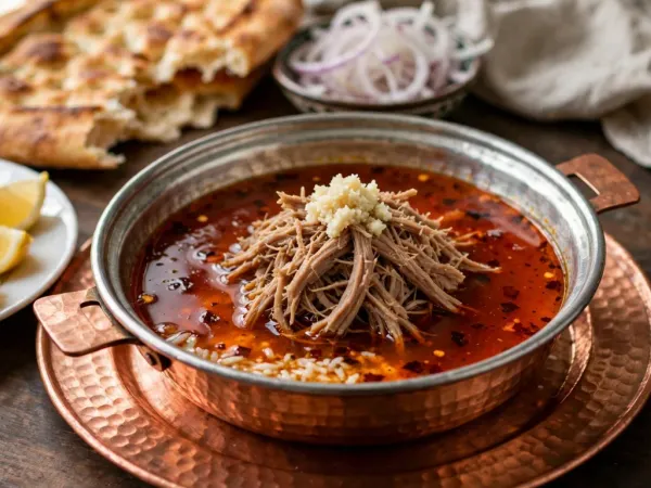Beyran in a shallow tinned copper bowl on a copper plate: a red-orange broth with a sheen of fat and red pepper flakes, strands of pulled lamb and crushed garlic on top, beside lemon wedges, long green peppers and a dimpled flatbread