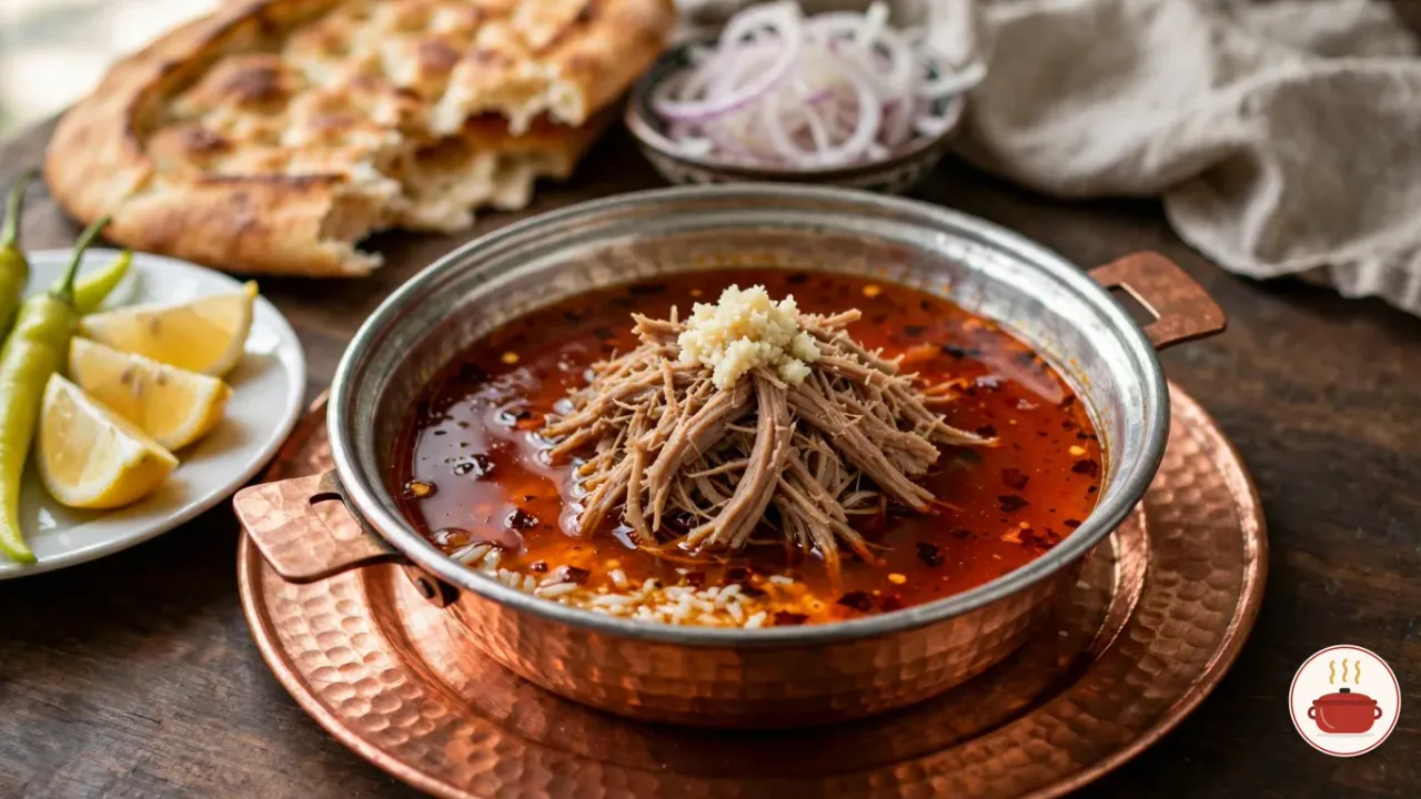 Beyran in a shallow tinned copper bowl on a copper plate: a red-orange broth with a sheen of fat and red pepper flakes, strands of pulled lamb and crushed garlic on top, beside lemon wedges, long green peppers and a dimpled flatbread