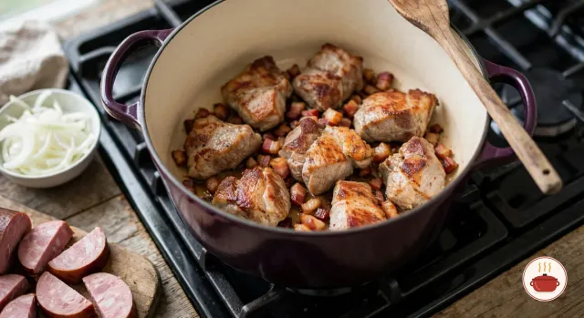 Chunks of pork shoulder seared golden-brown with diced smoked bacon in an aubergine-purple enameled Dutch oven on a gas burner, a wooden spoon resting on the rim, beside a bowl of sliced onion and a board of sliced smoked sausage