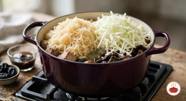 The same purple Dutch oven heaped with raw, pale sauerkraut on one side and fresh shredded white cabbage on the other, over the browned pork, with soaked porcini, a bay leaf and juniper berries at the edge, beside a glass of mushroom soaking liquid and a bowl of prunes
