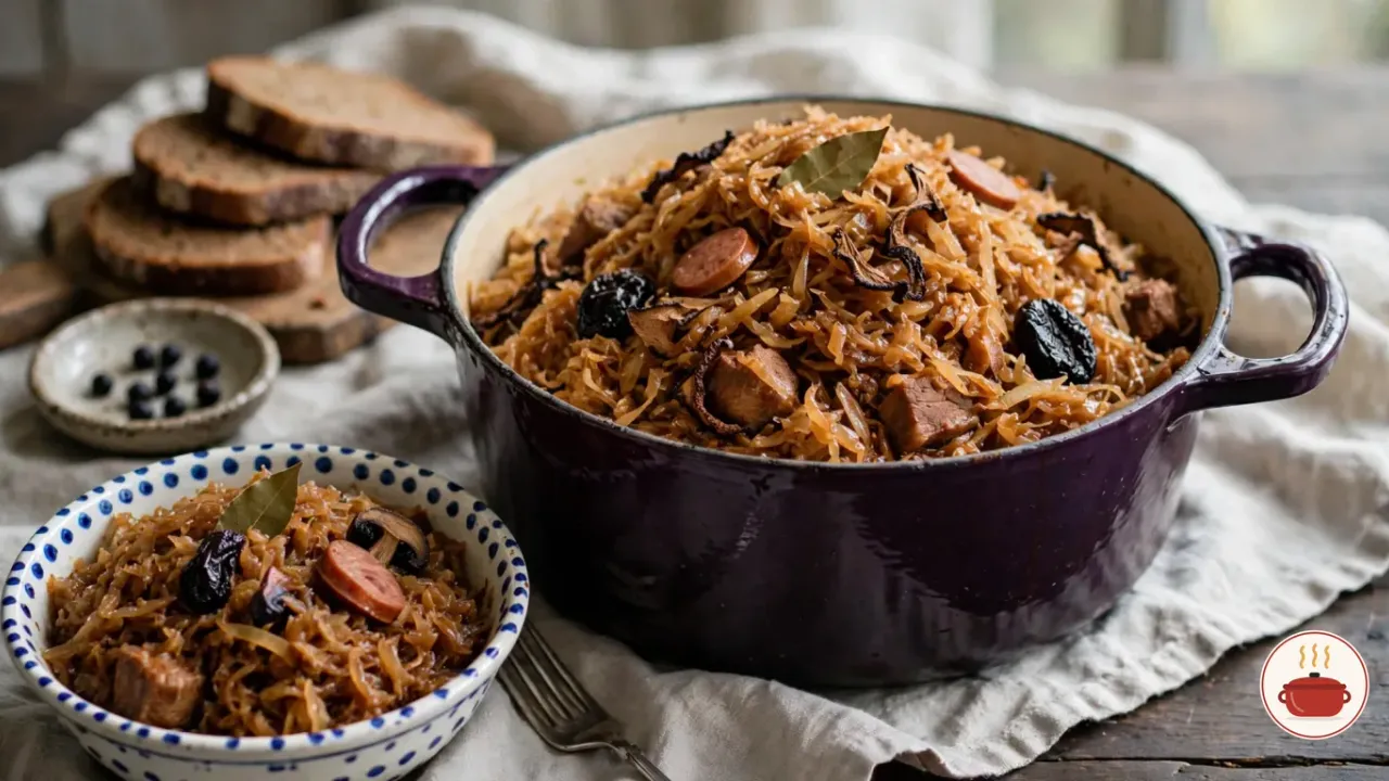 Bigos in an aubergine-purple enameled Dutch oven: a dense mound of soft, caramel-brown shredded sauerkraut and cabbage with chunks of braised pork, slices of smoked sausage, dark dried porcini and prunes and a bay leaf, beside a white bowl with blue dots holding one serving, with slices of dark rye bread and a dish of juniper berries behind