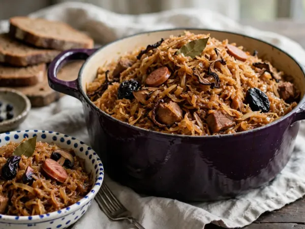 Bigos in an aubergine-purple enameled Dutch oven: a dense mound of soft, caramel-brown shredded sauerkraut and cabbage with chunks of braised pork, slices of smoked sausage, dark dried porcini and prunes and a bay leaf, beside a white bowl with blue dots holding one serving, with slices of dark rye bread and a dish of juniper berries behind