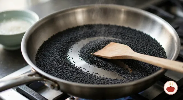 Black sesame seeds toasting in a dry stainless-steel skillet on a gas burner, a wooden spatula pushing a path through them, with a small bowl of rice soaking in water beside the stove