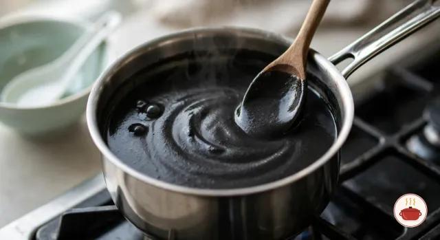 Thick, glossy black sesame soup simmering in a small steel saucepan on a gas burner, slow bubbles breaking at one side and a wooden spoon coated in the soup leaning in the pan, with an empty celadon bowl and a porcelain spoon beside the stove