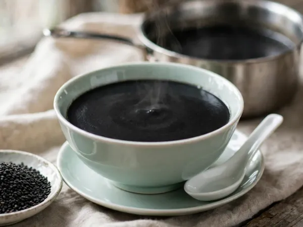 Black sesame soup in a pale celadon bowl on a matching saucer, smooth and jet black under a wisp of steam, a white porcelain soup spoon resting beside it, with a small dish of raw black sesame seeds in front and a steel saucepan of more soup behind