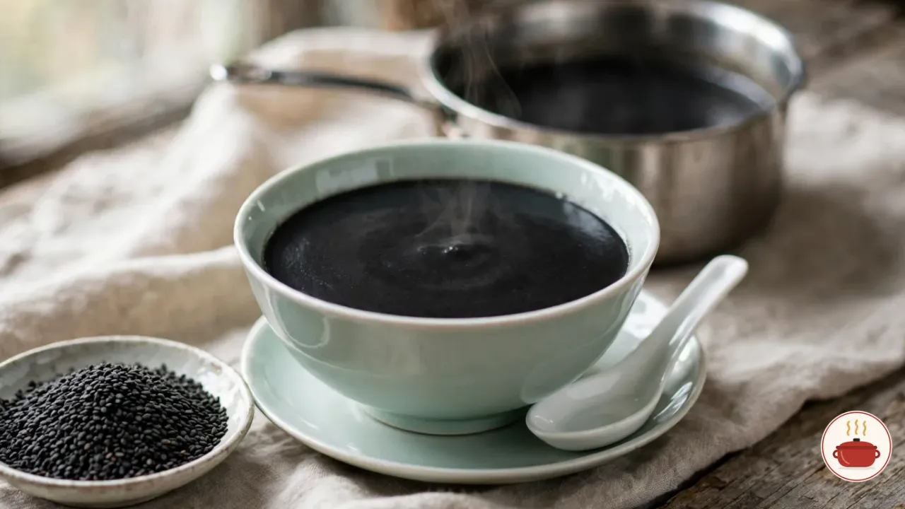 Black sesame soup in a pale celadon bowl on a matching saucer, smooth and jet black under a wisp of steam, a white porcelain soup spoon resting beside it, with a small dish of raw black sesame seeds in front and a steel saucepan of more soup behind