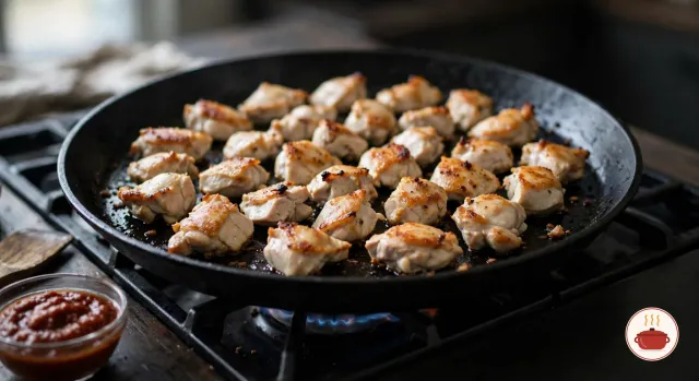 Bite-sized pieces of chicken thigh browning in a wide black cast-iron pan on a gas burner, golden-brown on their edges, with almost no liquid left in the pan and a small glass bowl of red chili sauce waiting beside it
