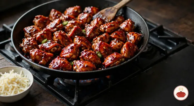 Chicken pieces coated in a thick, glossy, dark red gochugaru and gochujang glaze with slices of green chili in a black cast-iron pan on a gas burner, a wooden spatula resting in the pan and a bowl of shredded mozzarella beside the stove