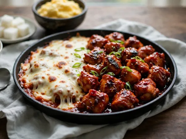 Cheese buldak in a round black cast-iron pan: bite-sized chicken pieces in a glossy deep red chili glaze with sliced scallions on one side, melted mozzarella with browned spots on the other, beside a bowl of white rice, cubes of pickled radish, a bowl of soft steamed egg, steel chopsticks and a spoon