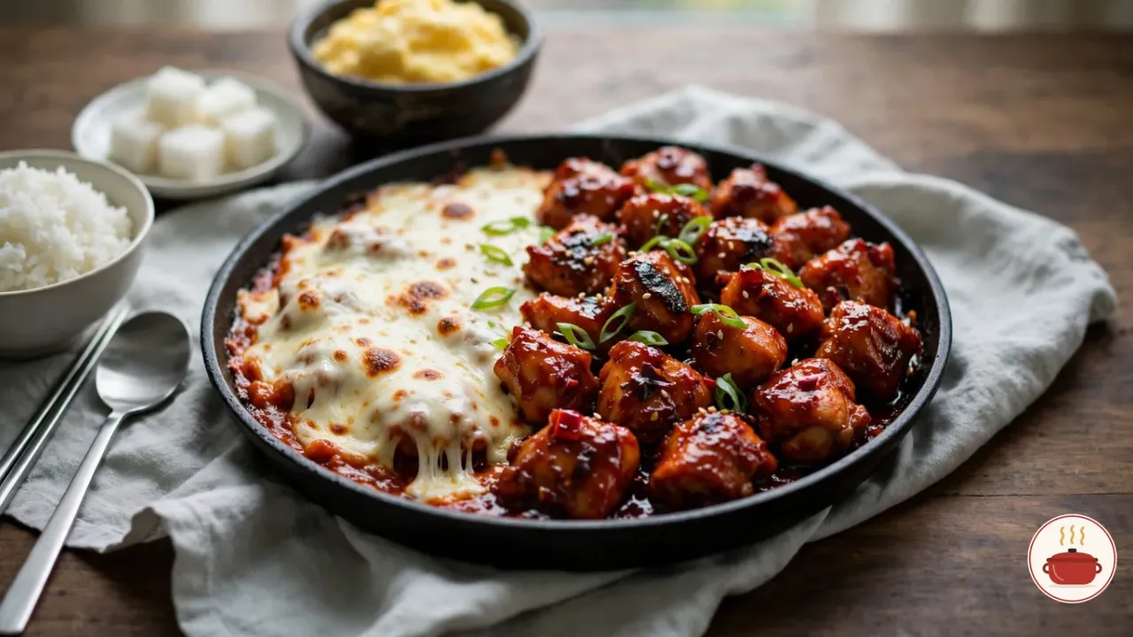 Cheese buldak in a round black cast-iron pan: bite-sized chicken pieces in a glossy deep red chili glaze with sliced scallions on one side, melted mozzarella with browned spots on the other, beside a bowl of white rice, cubes of pickled radish, a bowl of soft steamed egg, steel chopsticks and a spoon