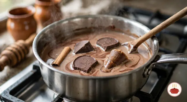 Wedges of Mexican chocolate, a cinnamon stick and a half-melted cone of piloncillo in steaming milk in a stainless-steel saucepan, the milk swirled light brown with melted chocolate and a wooden spoon resting in the pan
