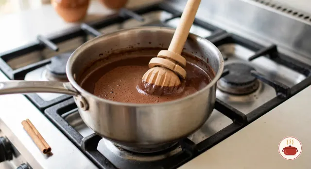 A wooden molinillo with a grooved head and two loose rings standing in a stainless-steel saucepan of thick, frothy, chocolate-brown champurrado on a gas stove, a cinnamon stick on the counter