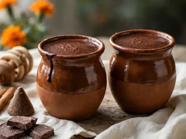 Champurrado in two glazed terracotta clay cups, thick and deep chocolate brown under a fine froth, a drip running down the side of one cup, beside a wooden molinillo, two cinnamon sticks, a cone of piloncillo and wedges of Mexican chocolate, with orange marigolds behind