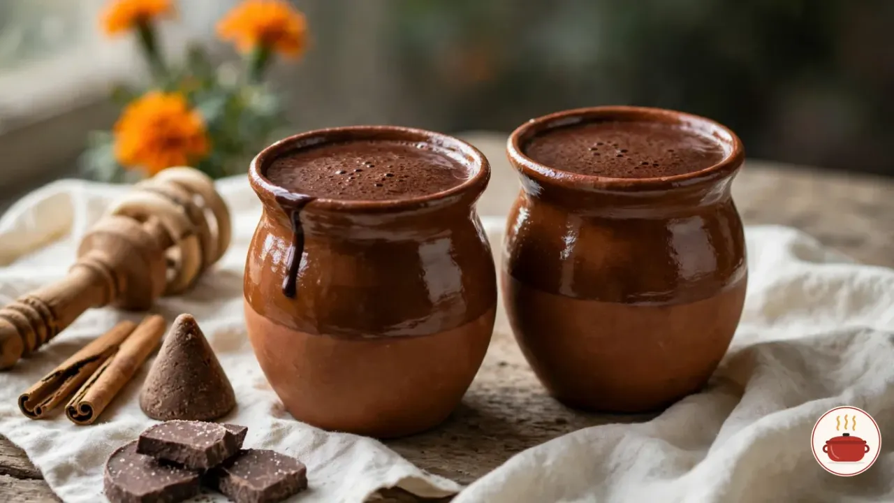 Champurrado in two glazed terracotta clay cups, thick and deep chocolate brown under a fine froth, a drip running down the side of one cup, beside a wooden molinillo, two cinnamon sticks, a cone of piloncillo and wedges of Mexican chocolate, with orange marigolds behind