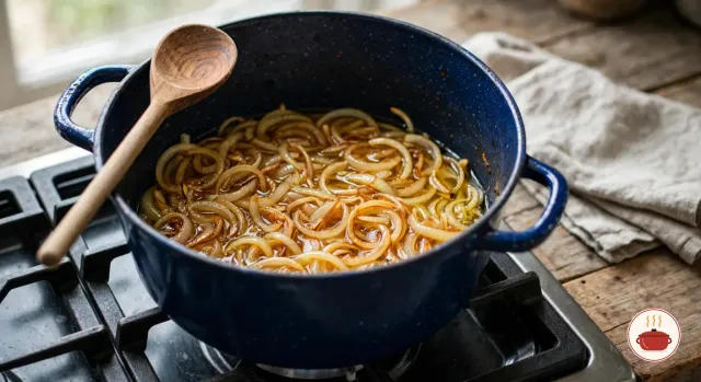Thinly sliced onions turning golden in oil in a deep blue enameled Dutch oven on a gas stove, a wooden spoon resting against the rim
