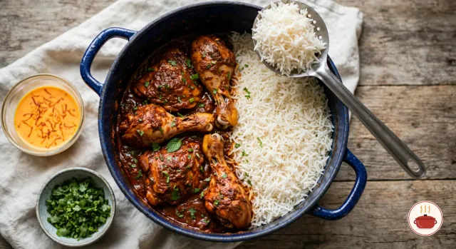 Parboiled basmati rice spooned over half of the chicken masala in a deep blue Dutch oven, herb-flecked chicken thighs and drumsticks still showing on the other side, with bowls of saffron milk and chopped cilantro beside it