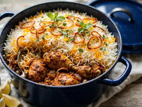 Chicken biryani in a deep blue enameled Dutch oven, white and saffron-gold basmati rice pulled back to show chicken pieces in their masala, topped with fried onions, mint and cilantro, a bowl of cucumber raita and lemon wedges beside it