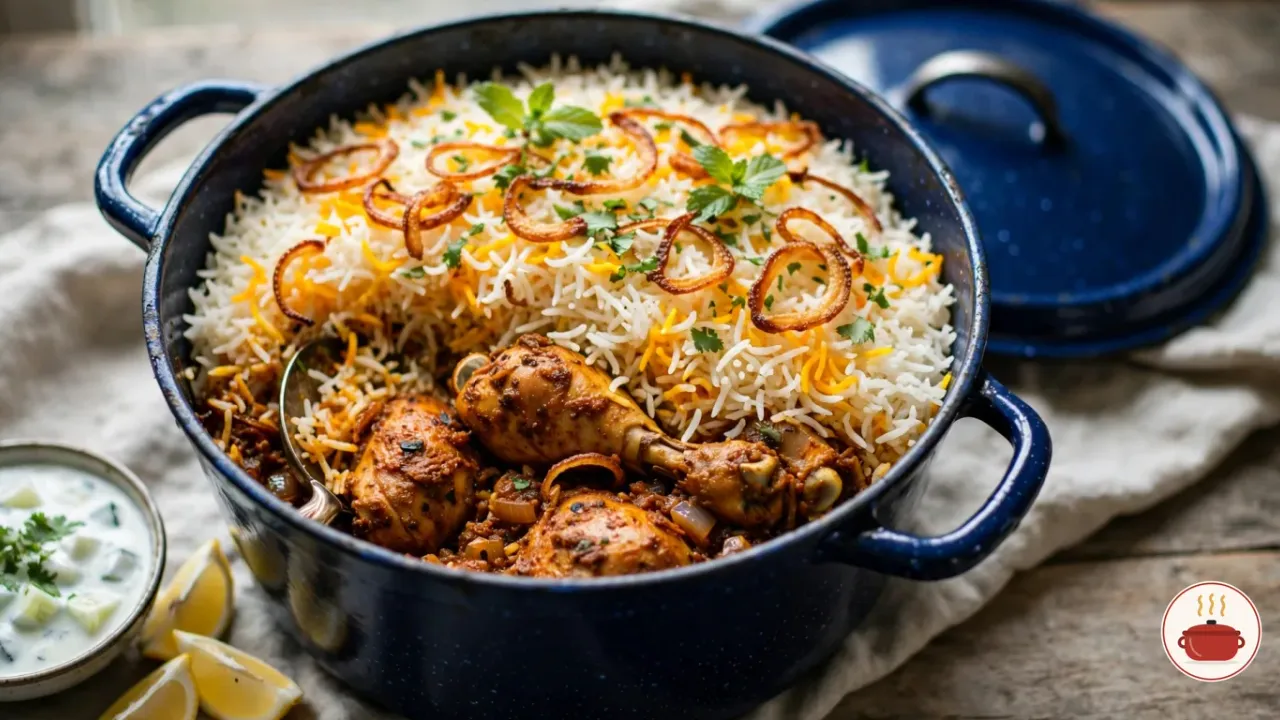 Chicken biryani in a deep blue enameled Dutch oven, white and saffron-gold basmati rice pulled back to show chicken pieces in their masala, topped with fried onions, mint and cilantro, a bowl of cucumber raita and lemon wedges beside it