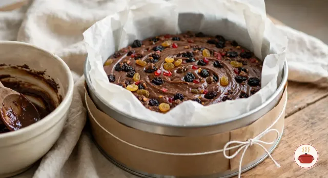 A deep round cake tin lined with a double layer of white baking parchment and wrapped in a band of brown paper tied with string, filled with dark brown fruit cake batter studded with raisins, currants, golden sultanas and chopped red glacé cherries, beside a cream mixing bowl and a wooden spoon