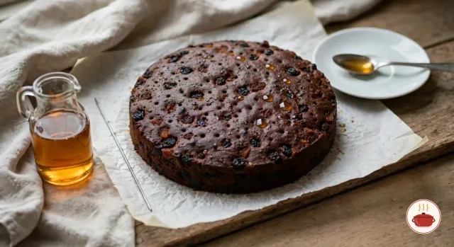 A baked, un-iced dark fruit cake on baking parchment, its top poked with small skewer holes and glistening with drops of amber spirit, beside a thin metal skewer, a small glass jug of amber liquid and a spoon on a white saucer